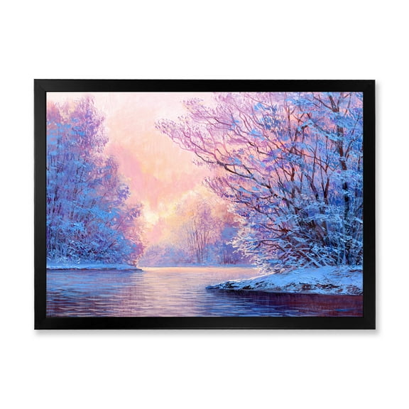 Designart 'The River Original With Winter Landscape' Lake House Framed Art Print
