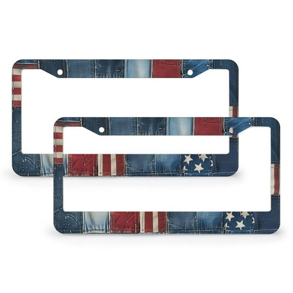 American Flag Patchwork License Plate Frames 2 Pack Holiday Memorial Day License Plate Cover License Plate Novelty License Plate Frame for US And CA 2 Round Holes Aluminum Metal License Plate Cover