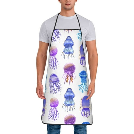 

Adjustable Bib Apron - Blue-Purple Jellyfish Waterdrop Resistant Cooking Apron Kitchen Aprons for Men Women