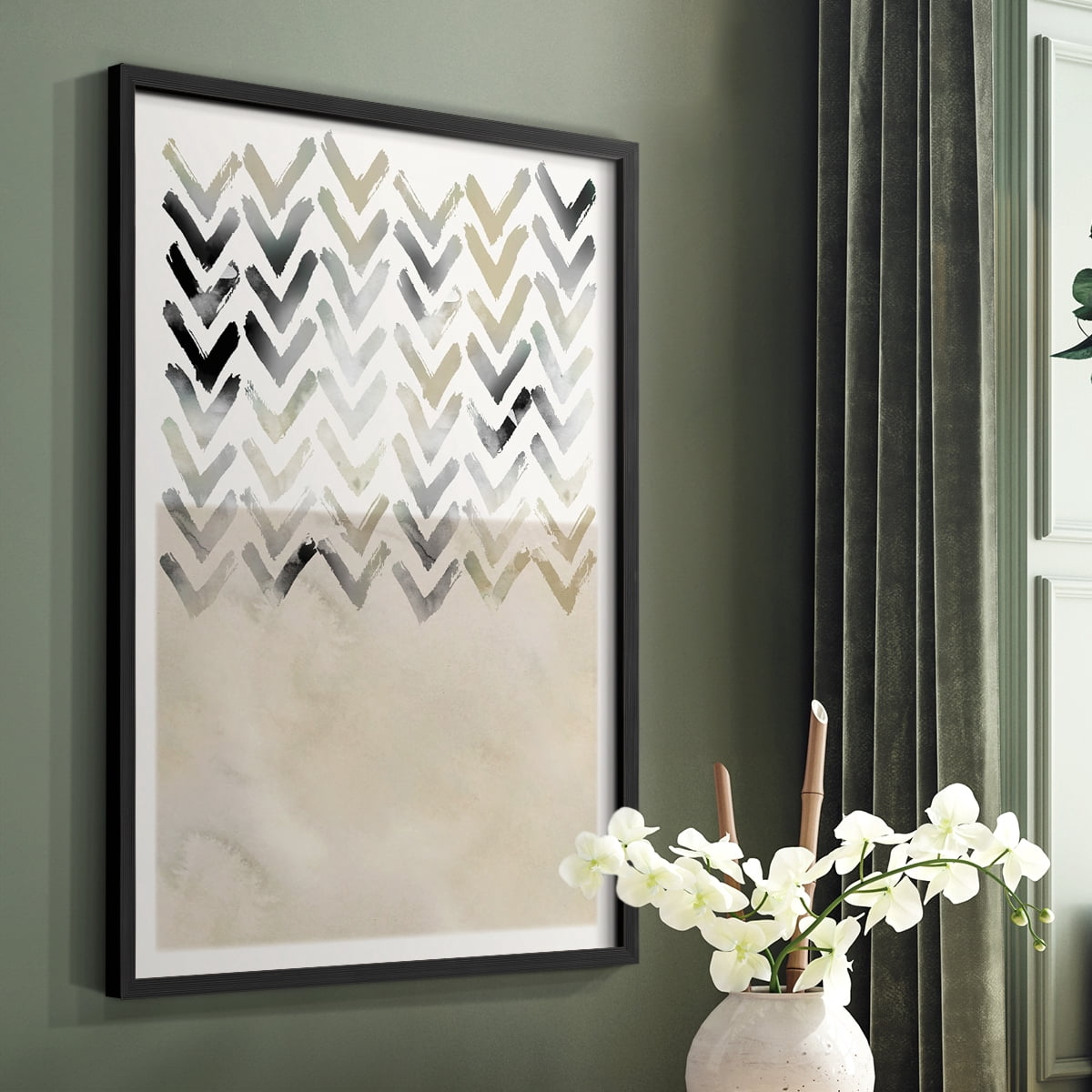 Neutral Chevron in Black Solid Wood 16 x 20 Framed Print