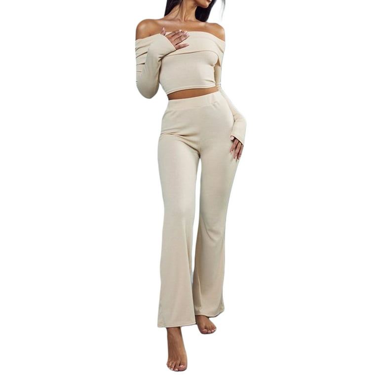 Women's Two Piece Off Shoulder Top - Long Sleeves / Bell Bottom
