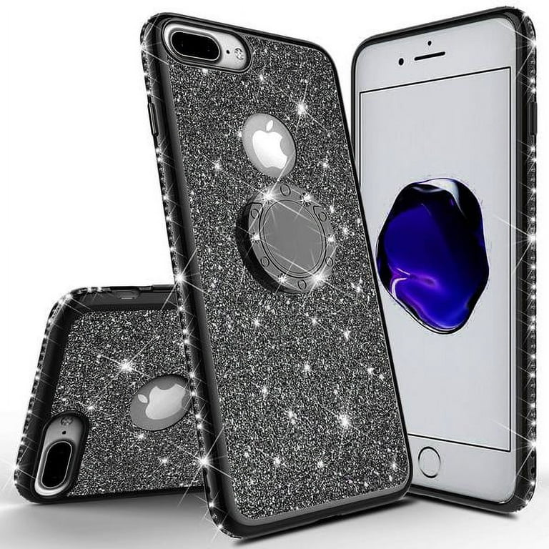 Glitter Cute Ring Stand Phone Soft Plus Bumper Girls for Black Case Clear Protective Apple Kickstand Case,Bling 7 for iPhone Plus/Iphone - 8 Sparkly Women