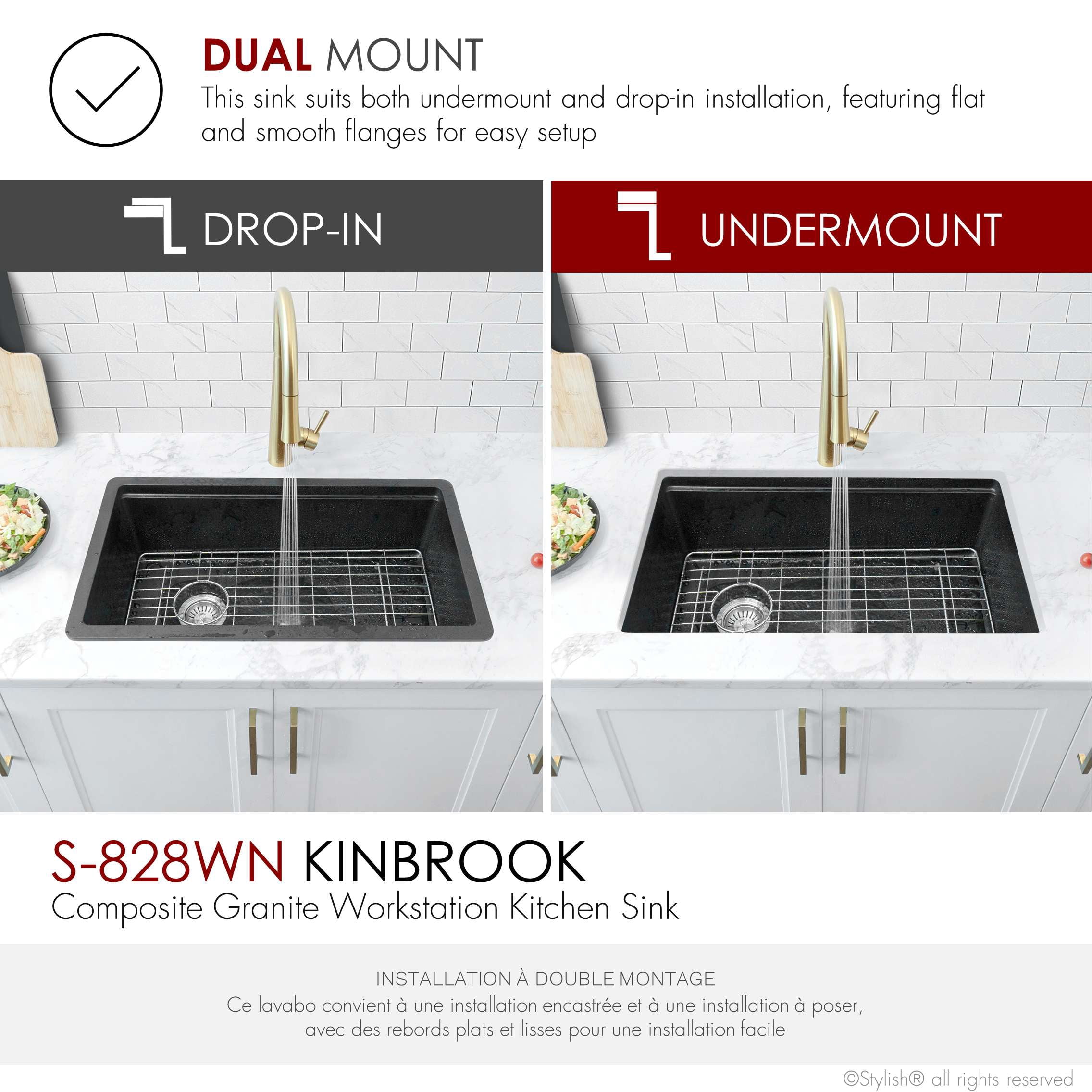 Stylish Dual Mount 28" Black Composite Granite Single Bowl Kitchen Sink with 4 accs S-828WN