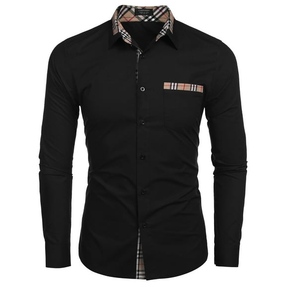 COOFANDY Men's Long Sleeve Dress Shirt Plaid Collar Casual Button Down Shirts Black L
