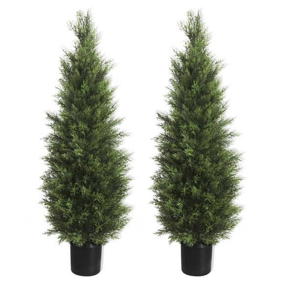 4FT Artificial Topiary Tree Realistic Faux Cedar Pines Christmas Trees UV Rated Fake Shrubs for Front Porch Faux Plants Indoor and Outdoor Decor (2 Pack)