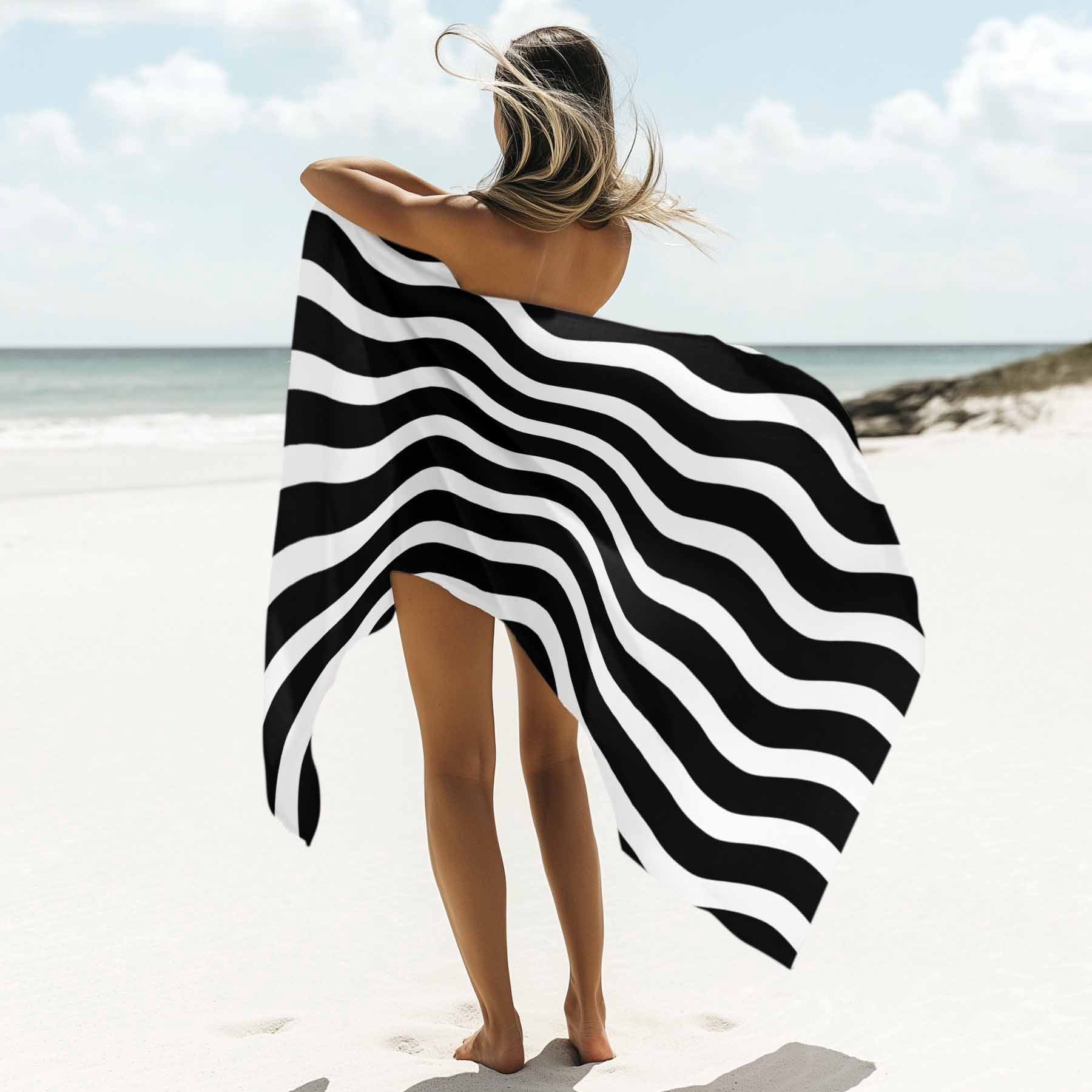 Geometric Striped Pattern Beach Towels Blanket Soft&Absorbent Quick Dry Microfiber Black and White Wave Pattern Pool Towels for Swimming ,Yoga, Sports, Gym, Camping,Large 35X70in,
