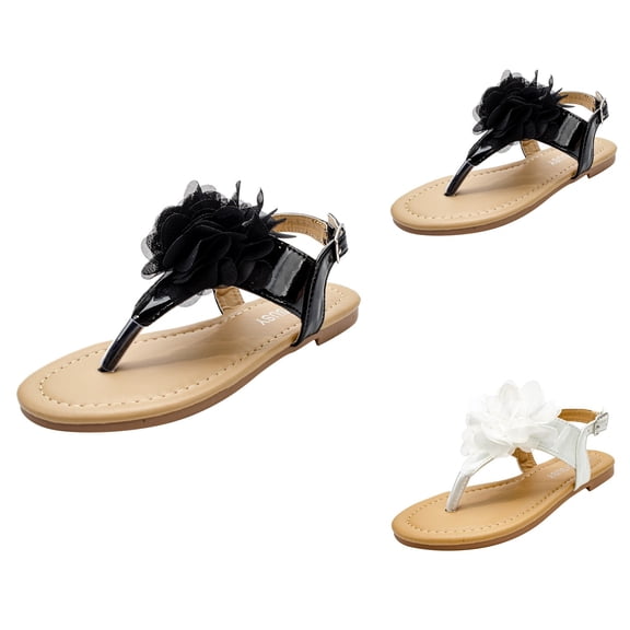 Flat Bottomed Pin Toe Sandals for Children, Girls' Thong Beach Shoes with Chiffon Flowers, Toddler Summer Flip Flops with Backstrap for Outer Wear