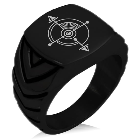 Stainless Steel Sacred Geometric Compass Chevron Pattern Biker Style Polished Ring