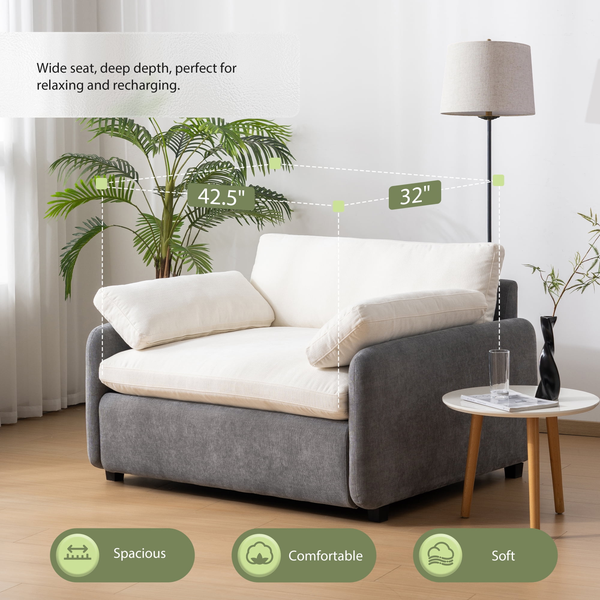 Leumius 50" Oversized Single Sofa Chair, Chenille Accent Chair with Wide and Deep Seat, Upholstered Armchair with Pillows for Living Room,Apartment,Bedroom, Gray+Cream