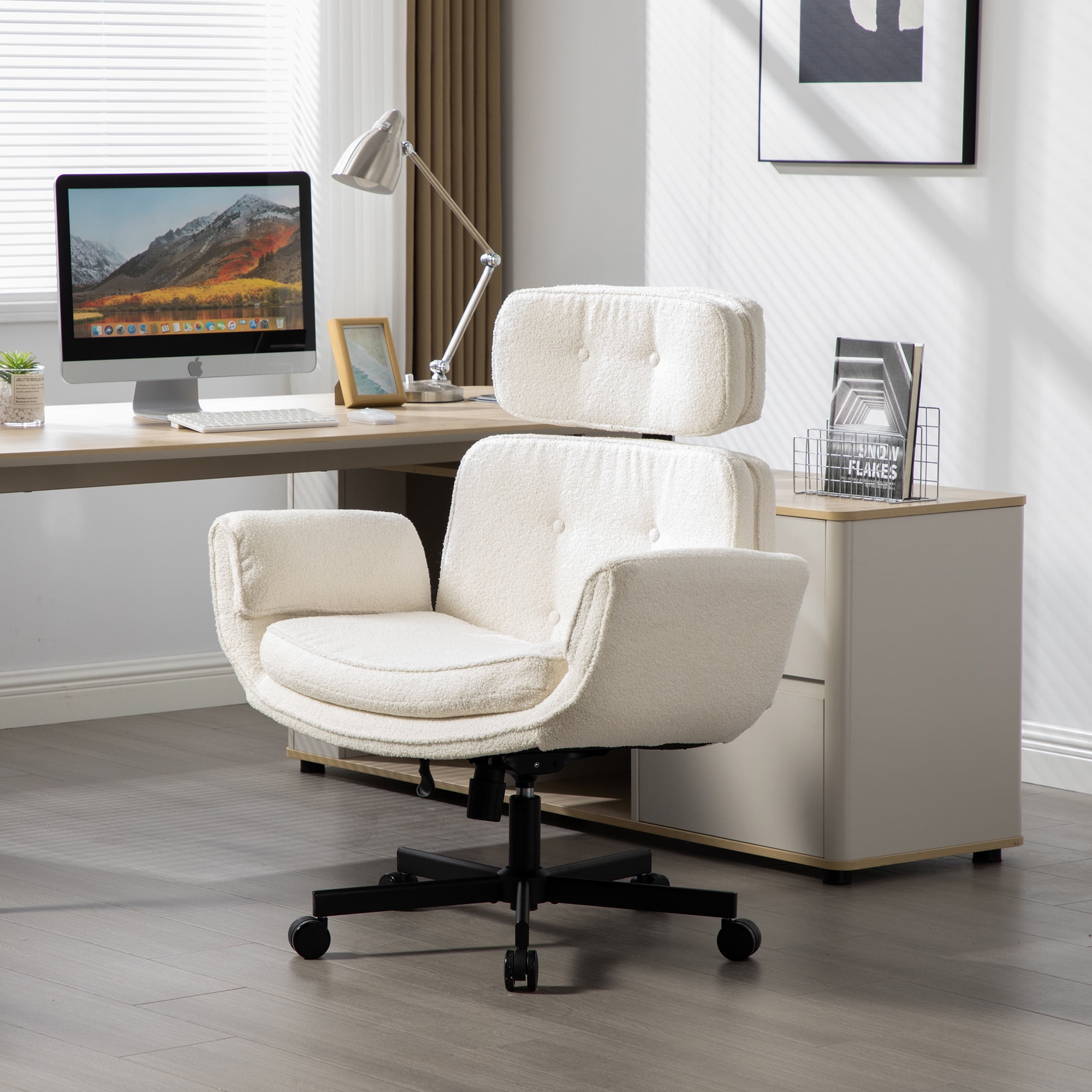 Office Chair, Desk Chair, Task Chair&nbsp;with Adjustable Armrests, Sherpa Fabric Criss Cross Chair with Wide Seat and Headrest for Home Office, Gaming, Makeup, Ivory