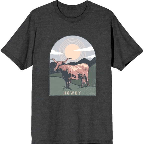 Western Howdy Cow Adult Charcoal Crew Neck Short Sleee Tee-Medium