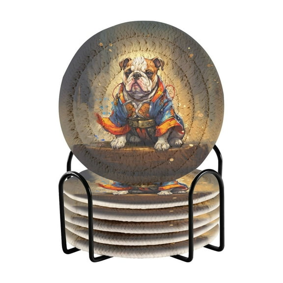 Cool Dog 6 Pcs Drink Coasters with Holder Absorbent Coasters Woven Coasters for Drinks Table Desk Protection Home Decor
