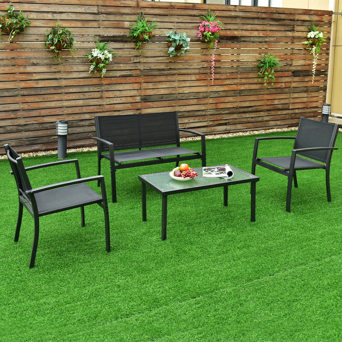 4 Pcs Sofa Coffee Table Set Steel Frame Garden Deck Patio Furniture