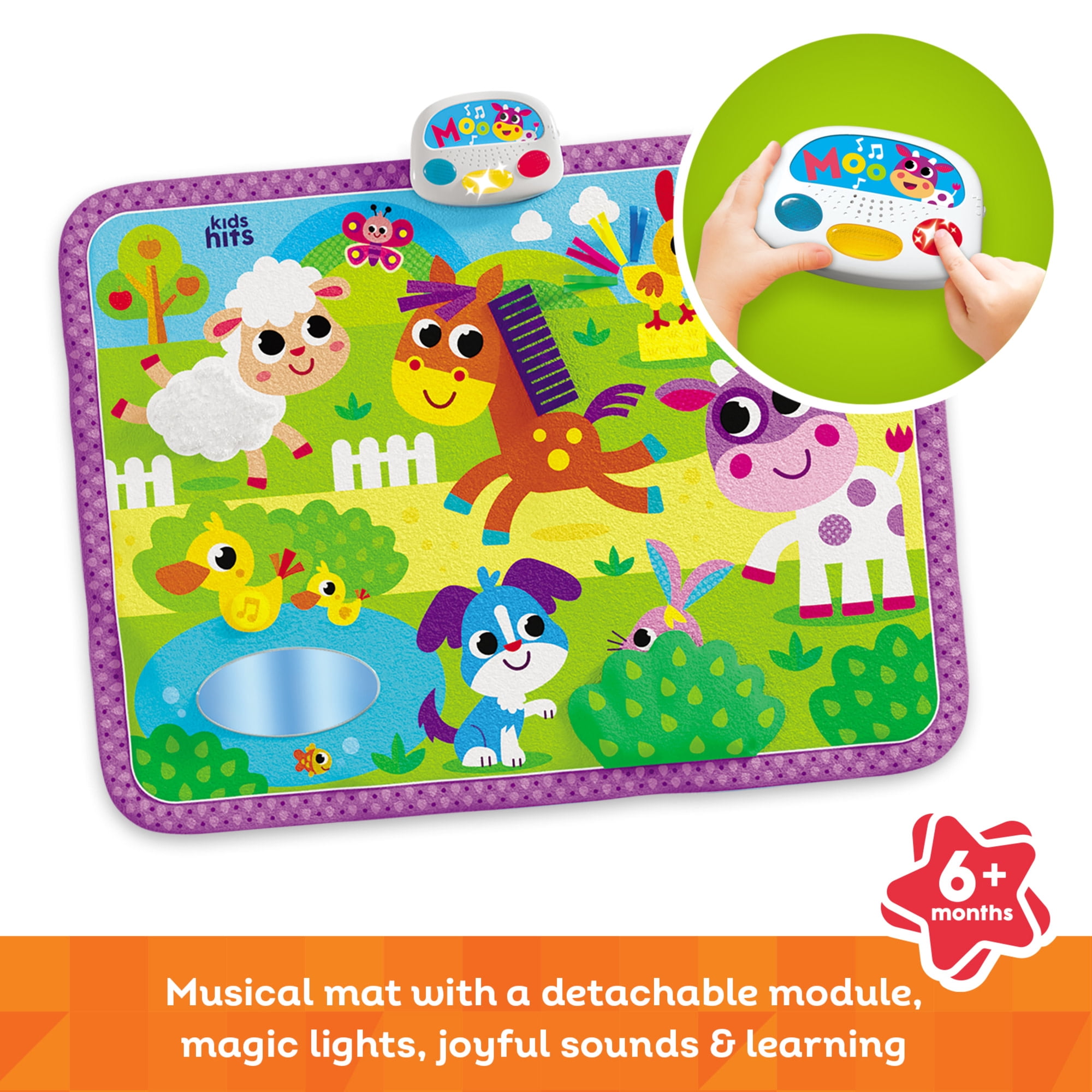 Kids Hits: Touch & Play Mat - Farm Friends - 31.5x23.6" Sensory Floor Pad, Lights-Animal Sounds-Songs Module, Tactile Learning Toy, Baby-Toddler 6Mo+