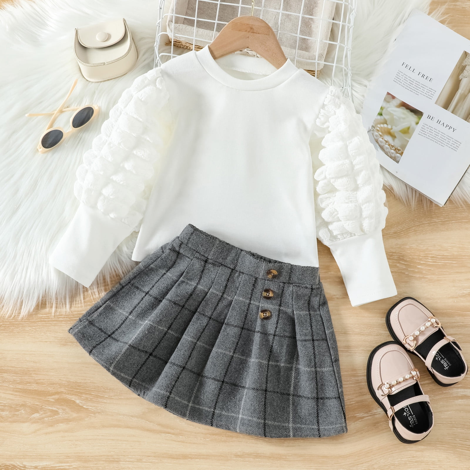 2pcs Toddler Girl Off Shoulder Smocked Long-sleeve Black Top and Camouflage Print Pants Set