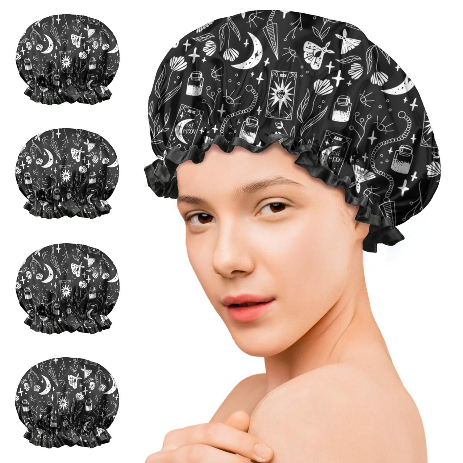 Shower Caps,Black Gothic Moon Card Moth Pattern Waterproof Shower Cap for Women 4 Pieces,Double Reusable Hair Cover for Shower PEVA Elastic Stretch Hem