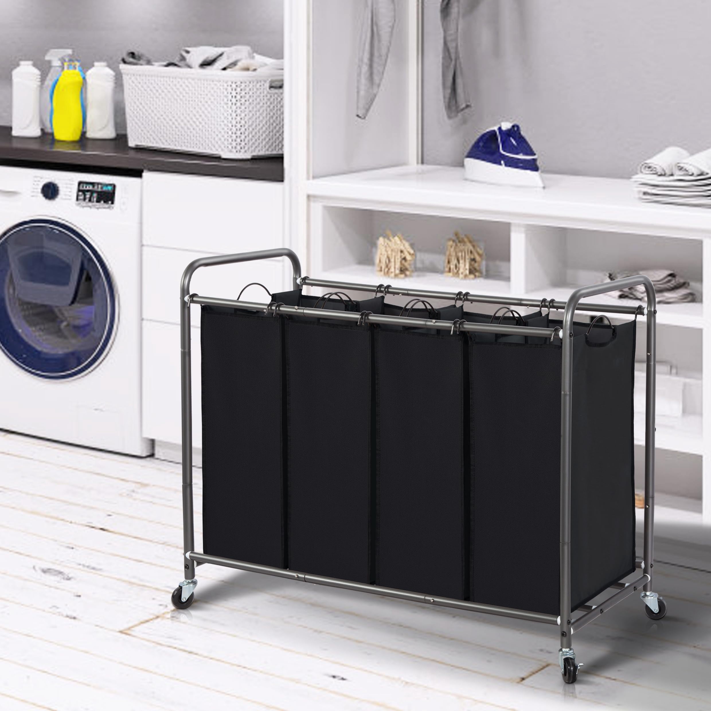 Laundry Sorter 4 Section, 47.8 Gal (181 L) Laundry Hamper with Wheels, Clothes Divider Basket Sorter, Clothes Separator Hamper Cart with Wheels and Removable Bags, Black