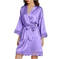 thumbnail image 2 of WREESH Womens Silk Pajamas Casual Homewear Long-Sleeve V-Neck Dress Color Lace Night-Robe One Size Purple, 2 of 8