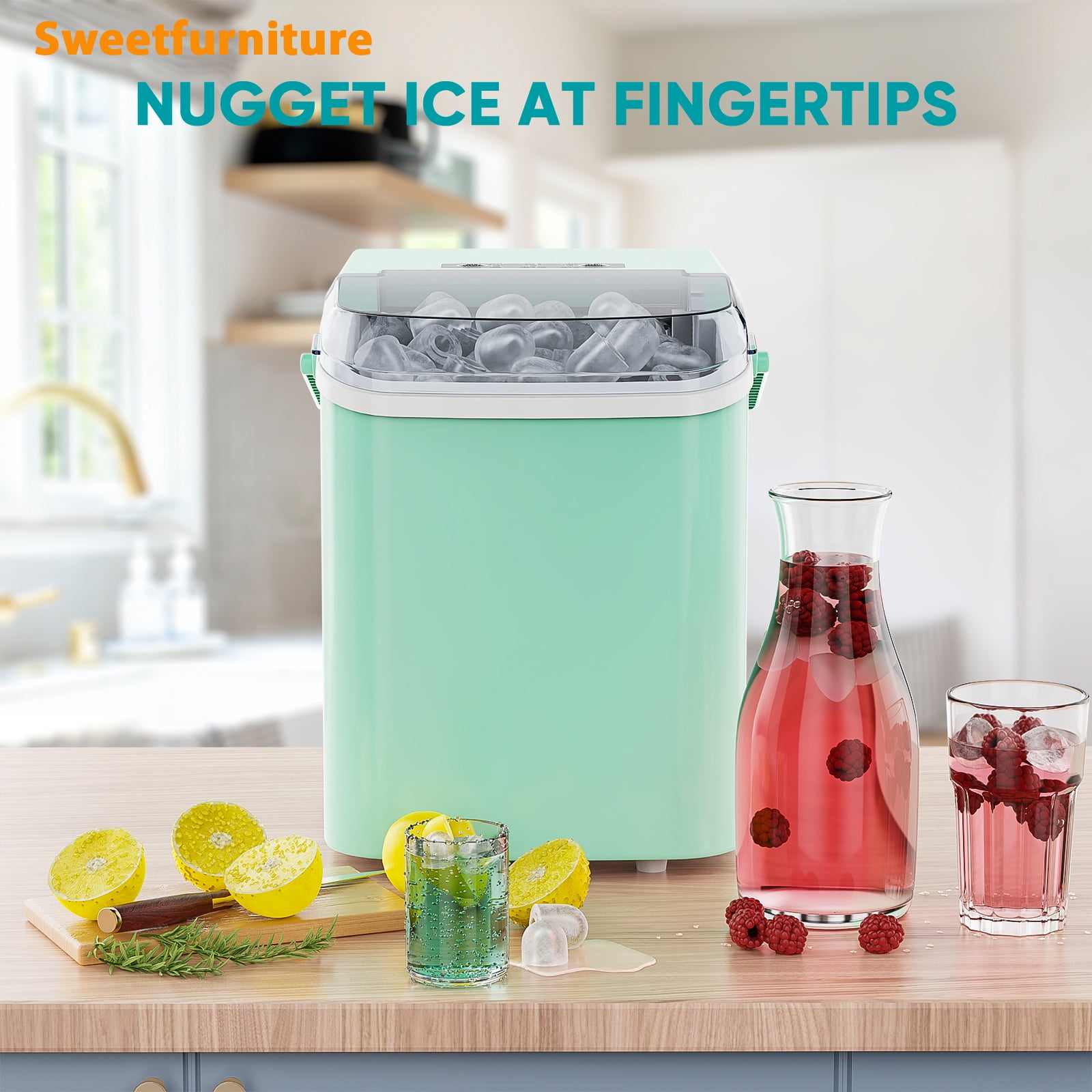 Sweetfurniture Countertop Ice Maker, Portable Ice Maker Machine with Handle and Ice Scoop, Green