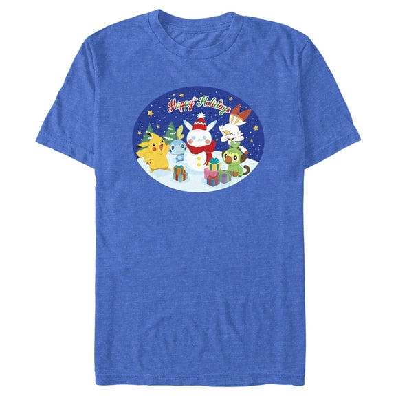 Men's Pokemon Happy Holidays Snowman Pikachu  Graphic Tee Royal Blue Heather Medium