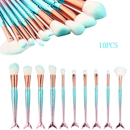 Rainbow 10pcs Mermaid Makeup Brushes Set Fan Foundation Eyebrow Blush Concealer Brushes Cosmetic Beauty Tool Cute Fat Fish Free