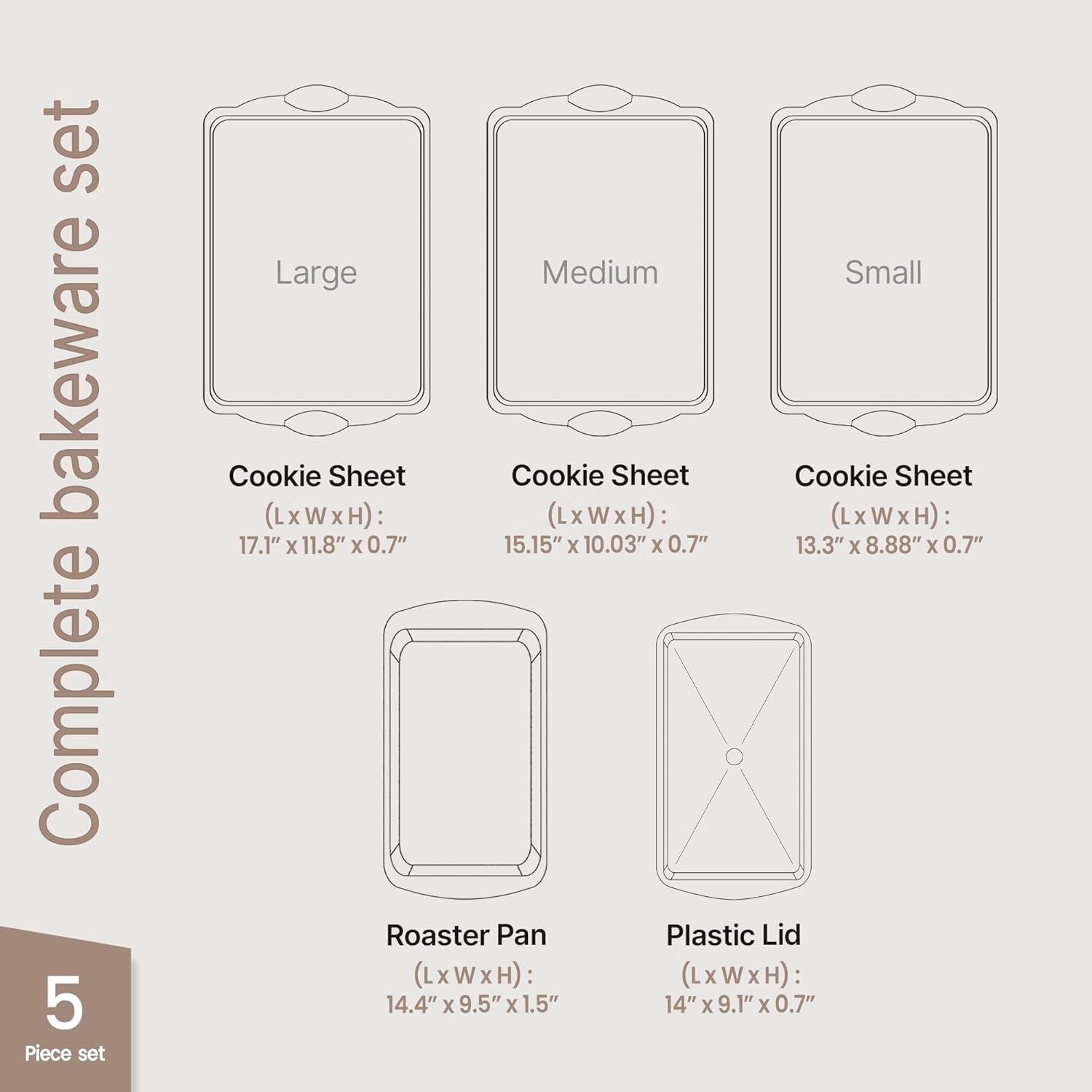 Bakken- Swiss Nonstick Cookie Sheet Pans Set of 5 - Professional Quality Carbon Steel Baking Sheet Trays with Gray Coating – Small, Medium, Large Pans, Roaster Pan, and Plastic Lid