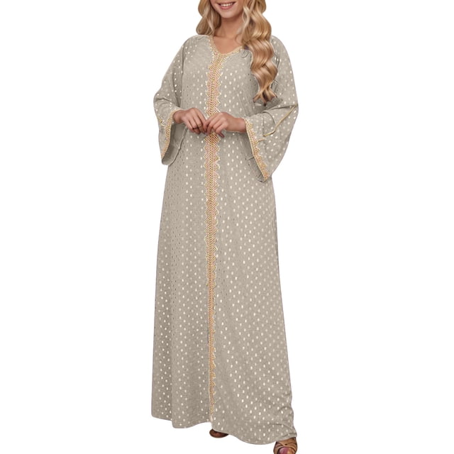 Robe Abaya Musulmane Femme Col en V Kaftan Prière Islamique Robe Brodée Bronzante Robe Longue Soirée Vacances