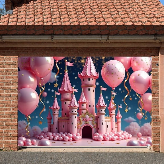 Pink Princess Castle Banner Golden Stars Pink Castle Display Pink Balloons Castle Design Fairy Tale Backdrop for Girls' Birthday Party Princess Celebration Kids' Party