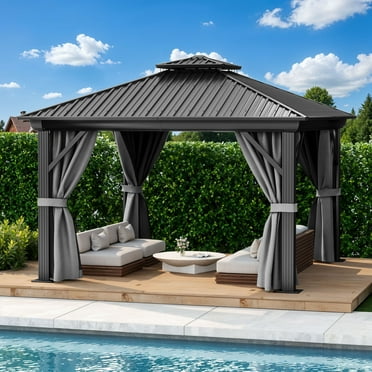 Dextrus 12x12ft Hardtop Gazebo with Netting & Gray Curtains,Double Roof  Galvanized Steel Canopy for Outdoors, Black&Gray