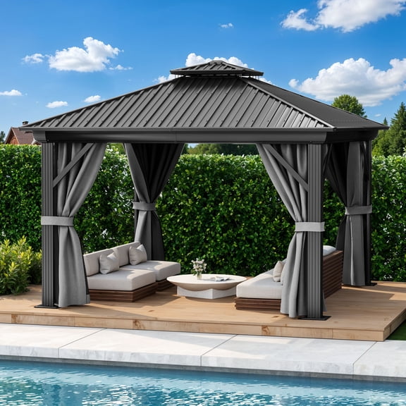 Dextrus 12x12ft Hardtop Gazebo with Netting & Gray Curtains,Double Roof Galvanized Steel Canopy for Outdoors, Black&Gray