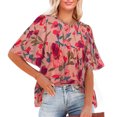 thumbnail image 3 of Blusa de manga corta con cuello redondo, ajuste holgado, diseño plisado, Top informal de verano para mujer para citas, compras diarias, flor gris rosa S, 3 of 6