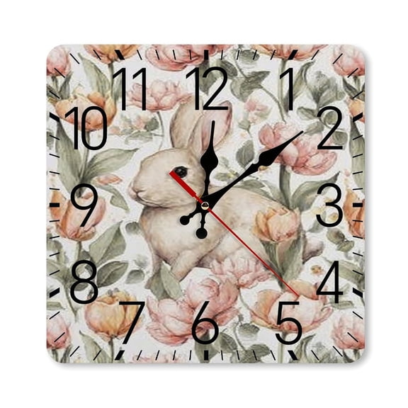 RKSupls 10×10inch Square Silent Wall Clock Wooden Frame, Rabbit Tulips Watercolor Scale Decorative Clock for Home Bedroom Living Room Office