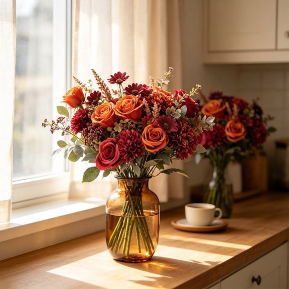 Artificial Flower Bouquet 13.39 Inch Silkly Fake Flowers with Roses Hydrangea Chrysanthemums Faux Floral Arrangement for Vase Home Wedding Party Decor
