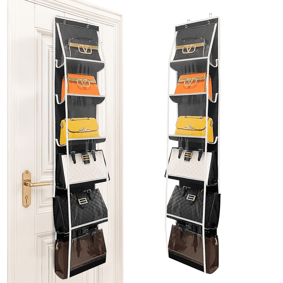 Over The Door Purse Organizer with 6 Clear Pockets, Durable Metal Hooks Closet Handbag Storage Rack, Black 2 Pack