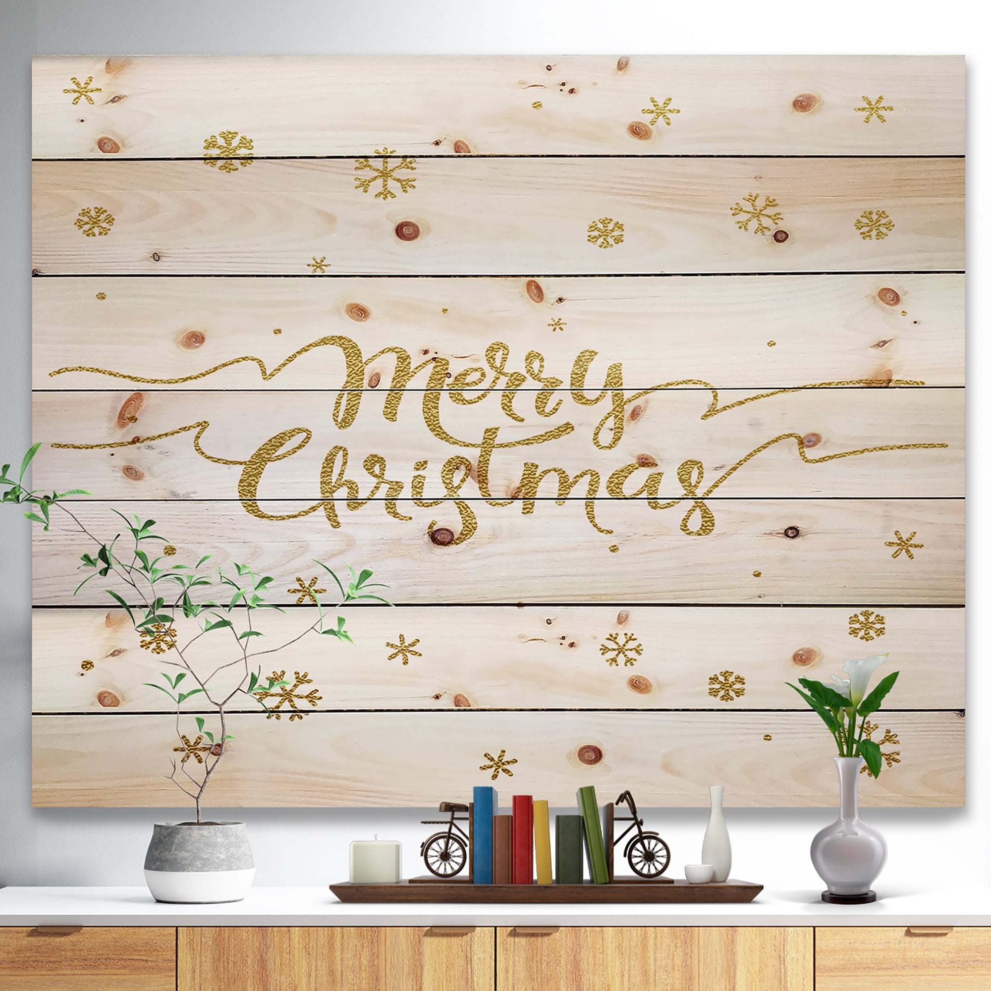 Designart 'Merry Christmas Handwritten Wish on white and gold' Print on Natural Pine Wood