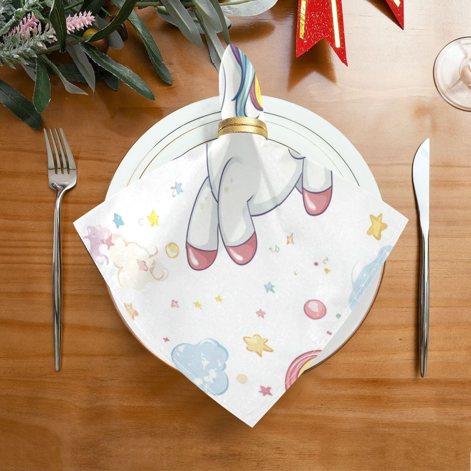 JSTEL Cute Unicorn Rainbow Stars Cloth Napkins Set of 6, 20x20 Inch Washable and Reusable Napkin for Decoupage Dinner Party Everyday Use