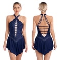 thumbnail image 6 of Raenseen Women Figure Skating Dress Sleeveless Rhinestone Ballet Leotard Gymnastics Bodysuit Navy Blue M, 6 of 9