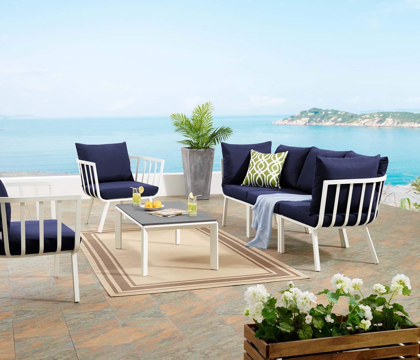 Lounge Sectional Sofa Chair Set, Aluminum, Metal, Steel, White Blue Navy, Modern Contemporary Urban Design, Outdoor Patio Balcony Cafe Bistro Garden Furniture Hotel Hospitality - image 2 of 10