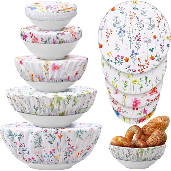 10 Pcs Bowl Covers Reusable in 5 Size Stretch Cloth Fabric Elastic Food Storage Bowl Covers Bread Sourdough Lids for Proofing Food Fruits Leftover(Colorful,Spring Style)