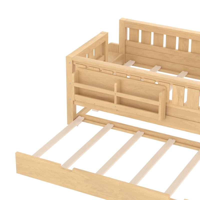Bellemave Twin Bed with Trundle and Small Stairs, Twin Size Platform Bed Frame with Rail and Bookshelf, Wooden Montessori Floor Bed No Box Spring Needed,Light Natural