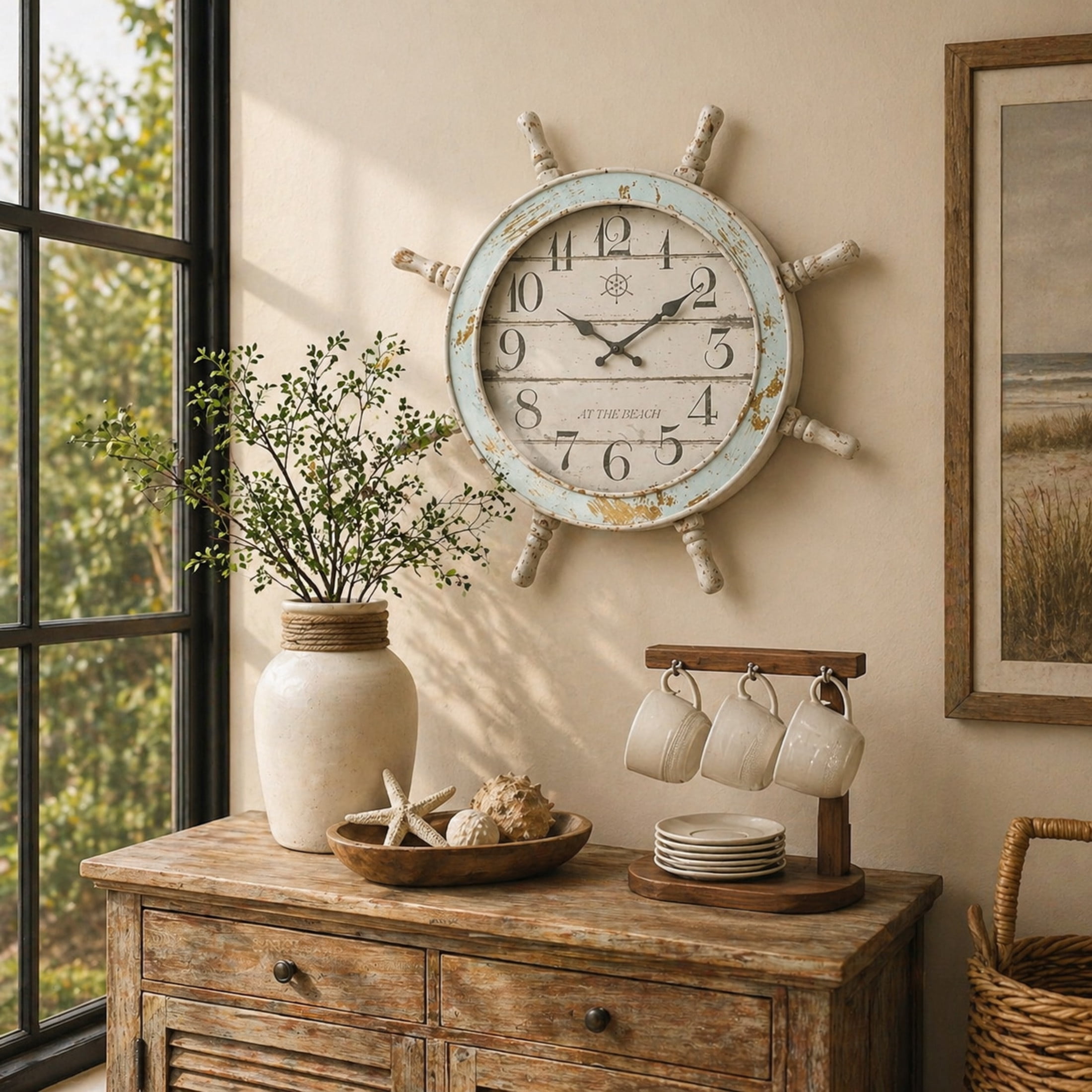 DecMode Blue/White Coastal Anchor Inspired Nautical Wall Clock, 23"D