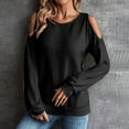 thumbnail image 2 of Solid Color Cold Shoulder Tops for Women O-Neck Long Sleeve Pullover Winter Waffle Loose T-Shirts, 2 of 6