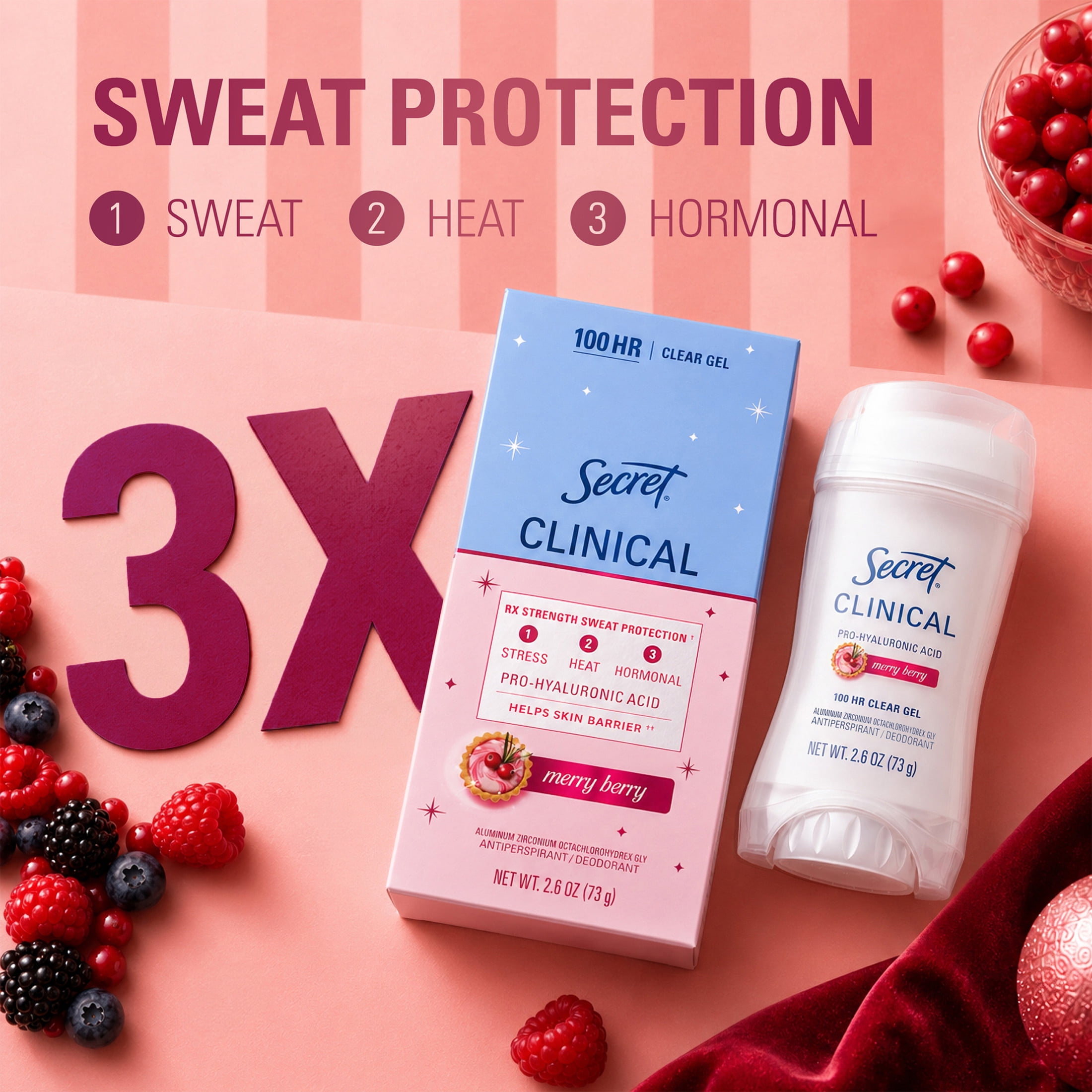 Secret 100HR Holiday Clinical Antiperspirant Deodorant for Women, Pro-Hyaluronic Acid, Clear Gel, Merry Berry, 2.6 oz