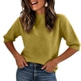 thumbnail image 2 of Garbnen Ribbed Tshirt Women Knit Mock Neck Womens Half Sleeve Tops Fitted Trendy Spring Stretch Basic Womens Tunic Sweaters Yellow XXL, 2 of 5