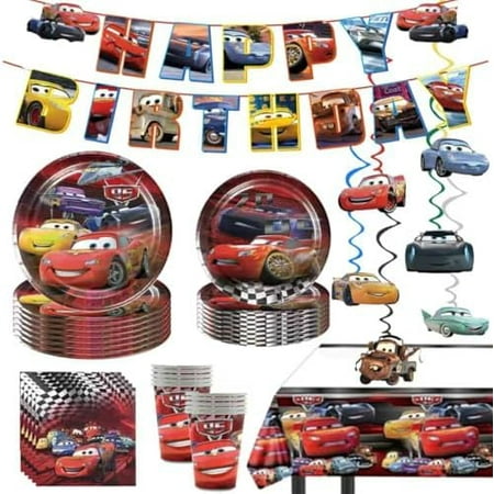 88 Psc Cars Birthday Party Supplies Set, Cars Theme, Plates, Cups, Utensils, Napkins, Tablecloth$$