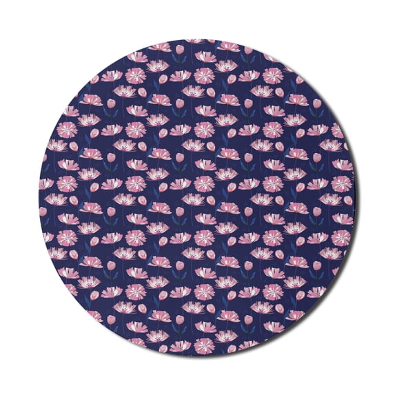 Floral Mouse Pad for Computers, Blooming Garden Art Pink Toned Poppy Flowers on Dark Colored Background Pattern, Round Non-Slip Thick Rubber Modern Gaming Mousepad, 8" Round, Multicolor, by Ambesonne