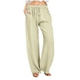 thumbnail image 2 of QATAINLAV Women Summer Lightweight Linen Pants with Pockets Casual Eyelet Embroidery Solid Beach Trousers Drawstring High Waisted Going Out Wide Leg Pants Best Sales Today Beige M, 2 of 6