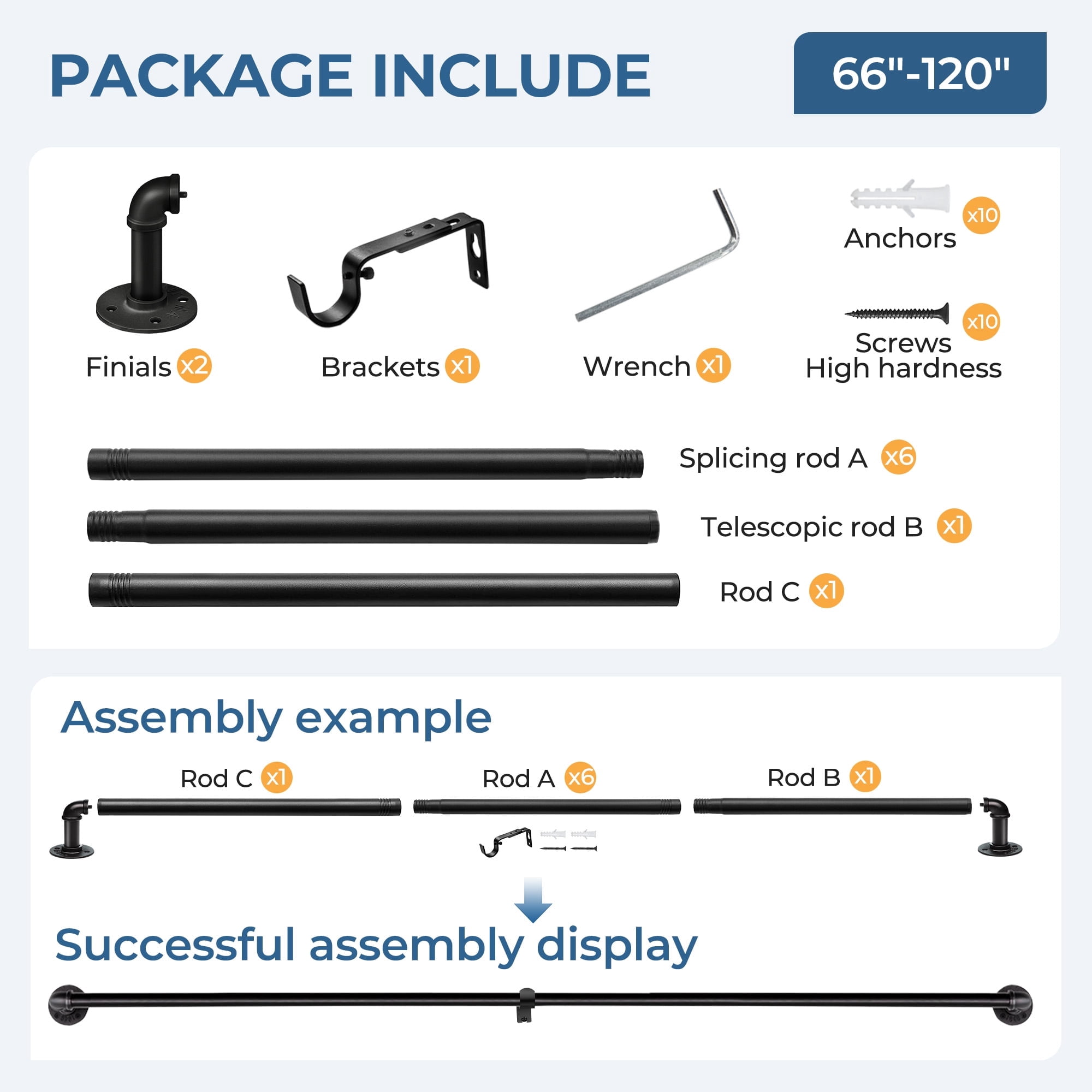 1 Inch Industrial Curtain Rods for Windows , Blackout Wrap Around Curtain Rod, for Indoor and Outdoor, Simple Design, 66 to 120 Inches, Black