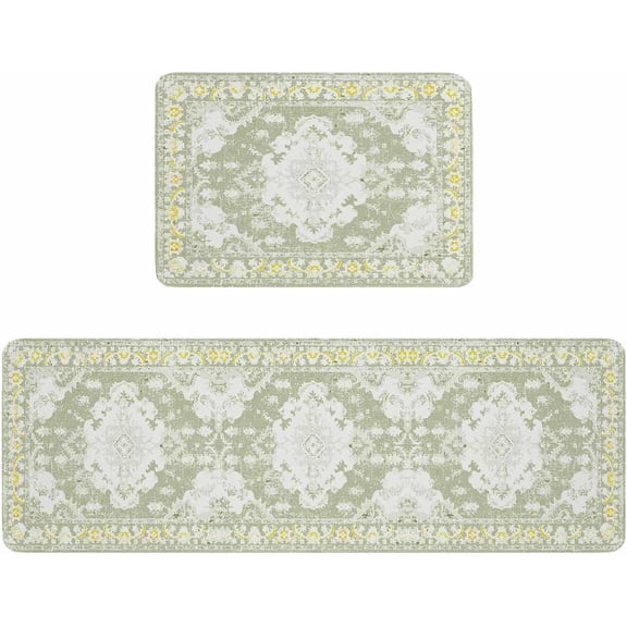 Kitchen Rugs and Mats,Sage Green Retro Flowers Pattern 2 Piece Anti Fatigue Area Runner Rug Set Comfort Standing Floor Mat,Ethnic Tribe Geometric Art Non Slip Absorbent Doormats for Laundry/Bathroom