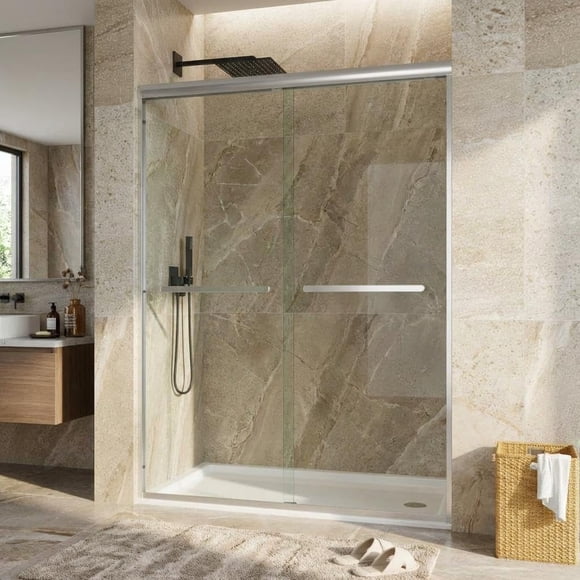 YUSAZENS Double Sliding Glass Shower Door 72x48 Inch 8mm Tempered Glass with Easy-Clean Coating Smooth Rollers Frameless Shower Door for Bathroom Silver